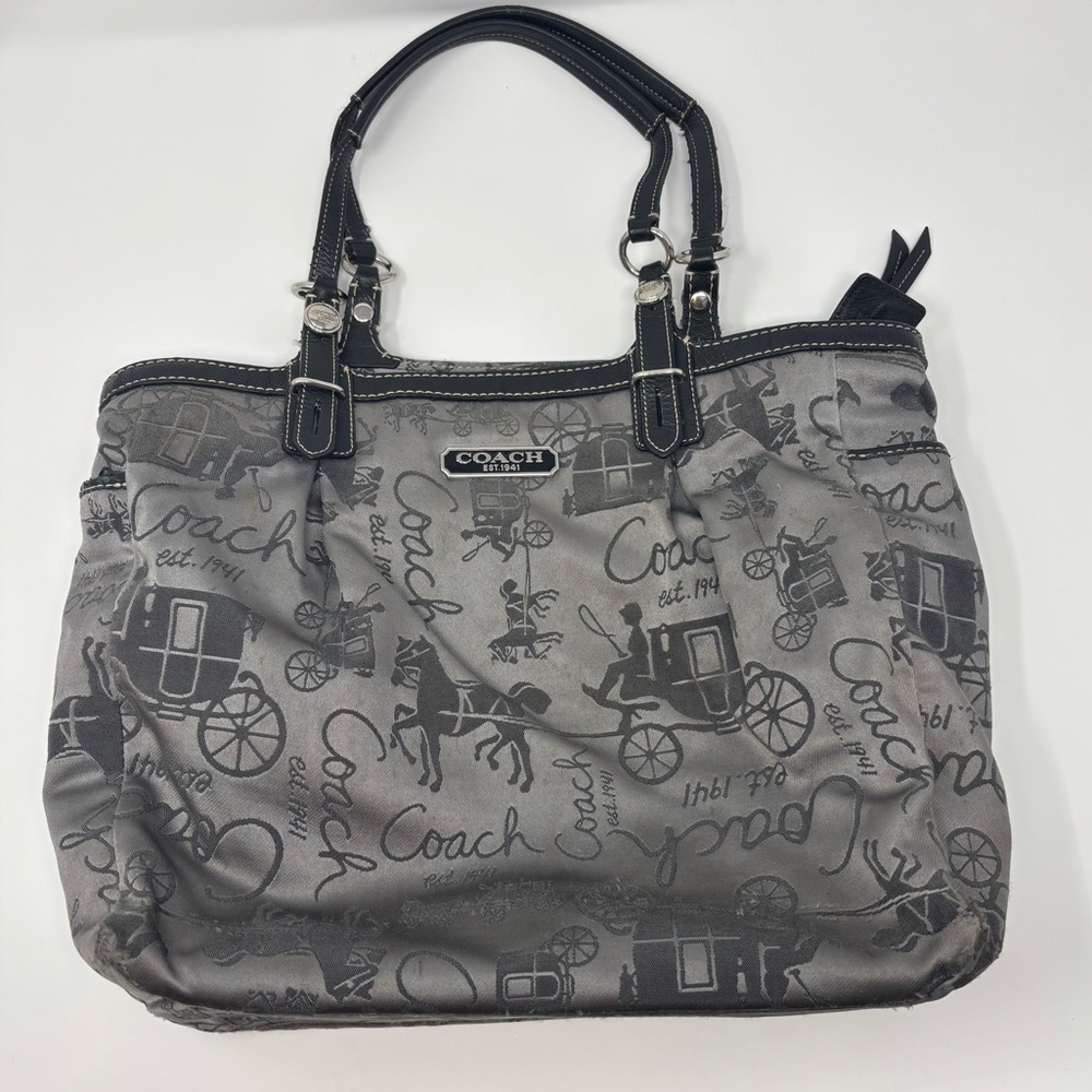 Coach Signature Black and Gray Horse and Stagecoach Tote Purse
